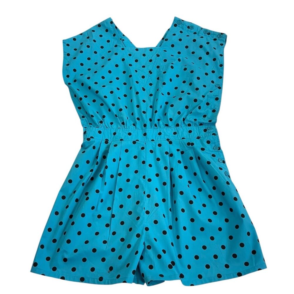 VTG Polka Dot Romper Jumpsuit Blue Black sz 38 rockabilly Boho Shorts
